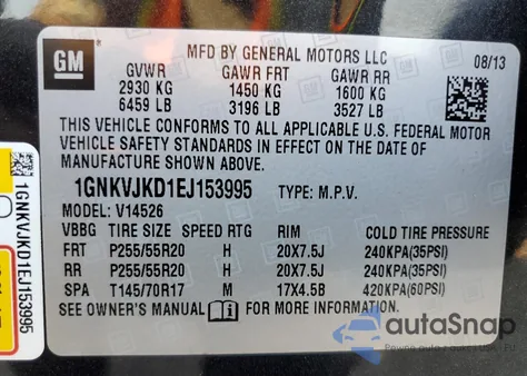 2014 Chevrolet Traverse Ltz z USA, uszkodzony, nr VIN 1GNKVJKD1EJ153995